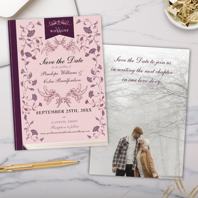 Invitación Elegante biblioteca de flores rosadas Boda salva l (Elegant Pink and Plum Victorian Library Book Cover Wedding Save the Date Invitation Card with Photo)