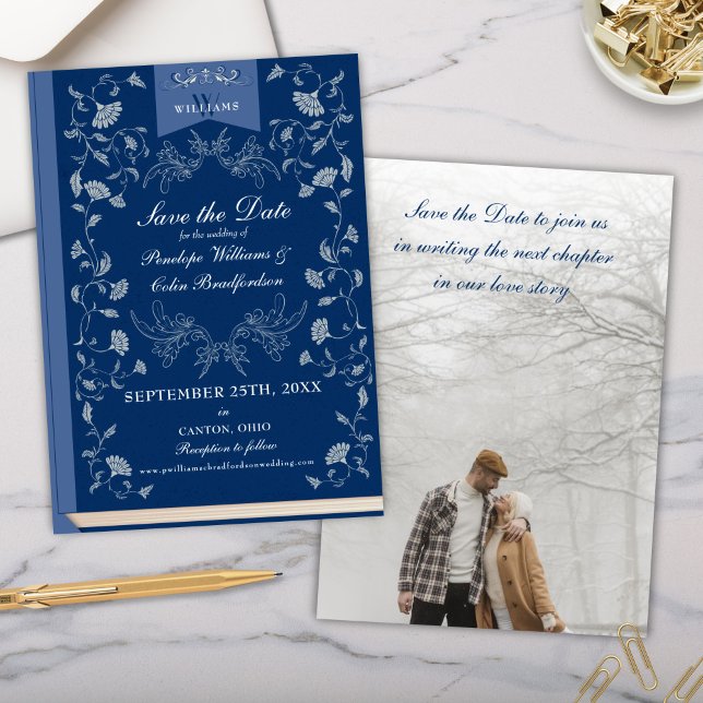 Invitación Elegante biblioteca floral azul boda para salvar l (Blue and Cream Elegant Save the Date Wedding Invitation Cards for Library Book Cover Victorian Era)