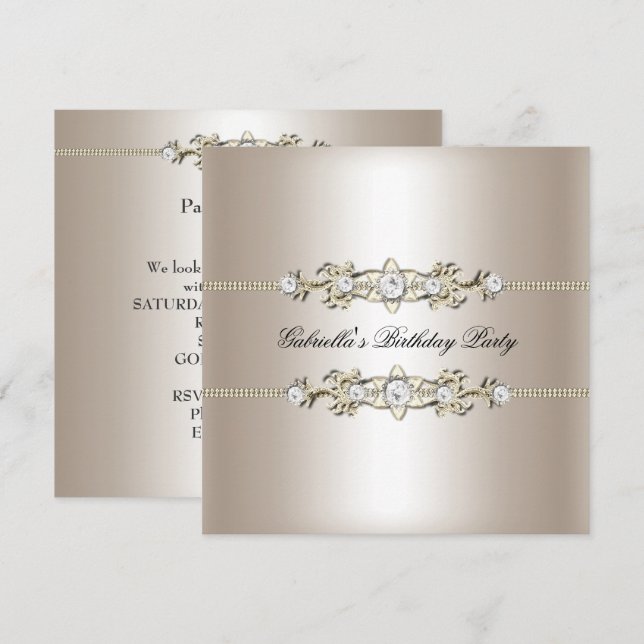 Invitación Elegante Biege Cream Gold Birthday Party Jewel (Anverso / Reverso)