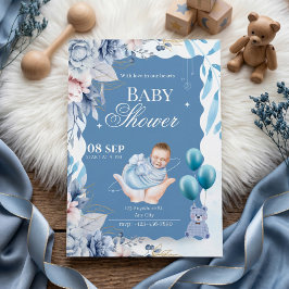 Invitación Elegante Bienvenida Floral Azul para Bebé Niño
