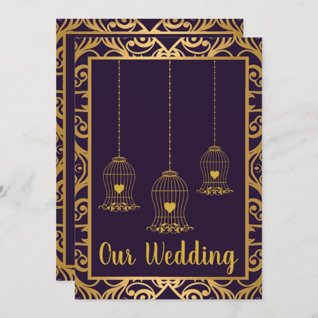 INVITACIÓN ELEGANTE BIRDCAGE NAVY GOLD ABSTRAW BODA (Anverso / Reverso)
