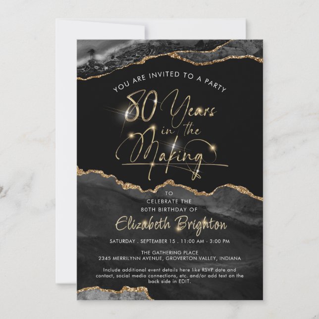 Invitación Elegante Black Agate Gold Script 80 cumpleaños (Anverso)