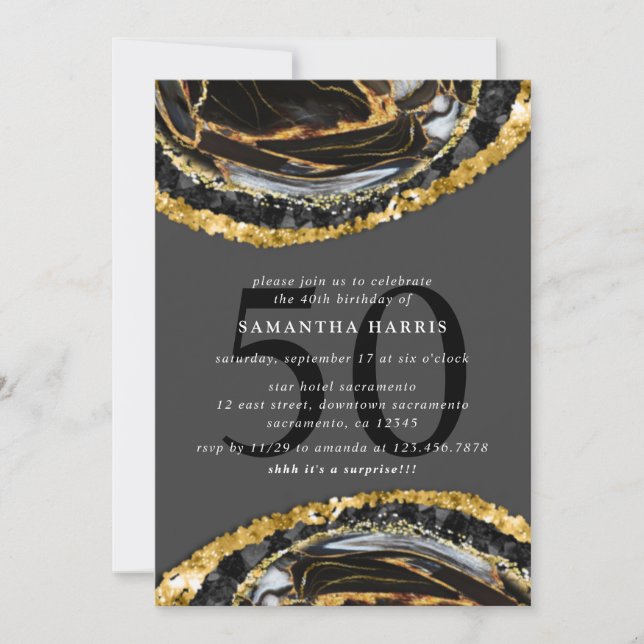 Invitación Elegante Black And Gold Marble Fiesta 50 de Cumple (Anverso)