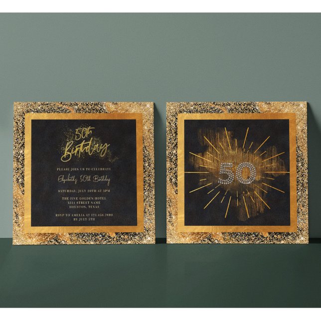 Invitación Elegante Black and Gold Purpurina 50 cumpleaños (Subido por el creador)