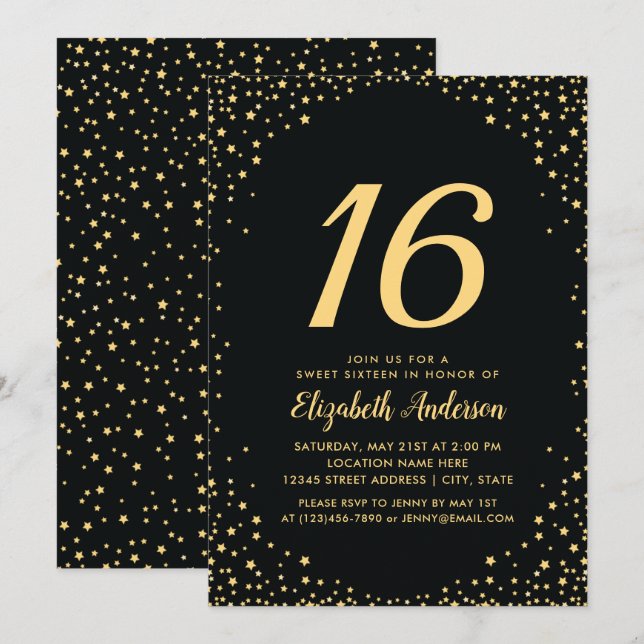 Invitación Elegante Black and Gold Stars Sweet 16 Cumpleaños (Anverso / Reverso)