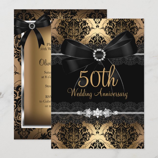 Invitación Elegante Black Bow & Damask Gold 50 Aniversario 2 (Anverso / Reverso)