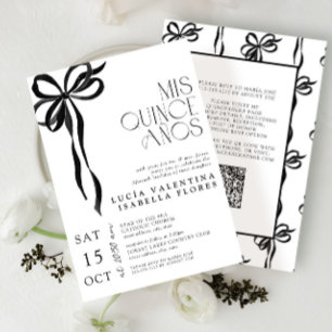 Invitación Elegante Black Bow Mis Quince Años QR Quinceañera