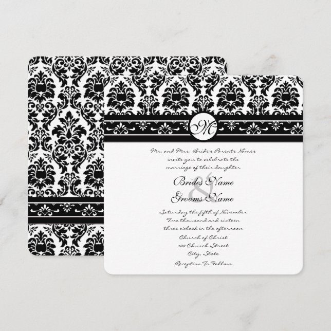 Invitación Elegante Black Faux Engravado Boda de Damasco Flor (Anverso / Reverso)