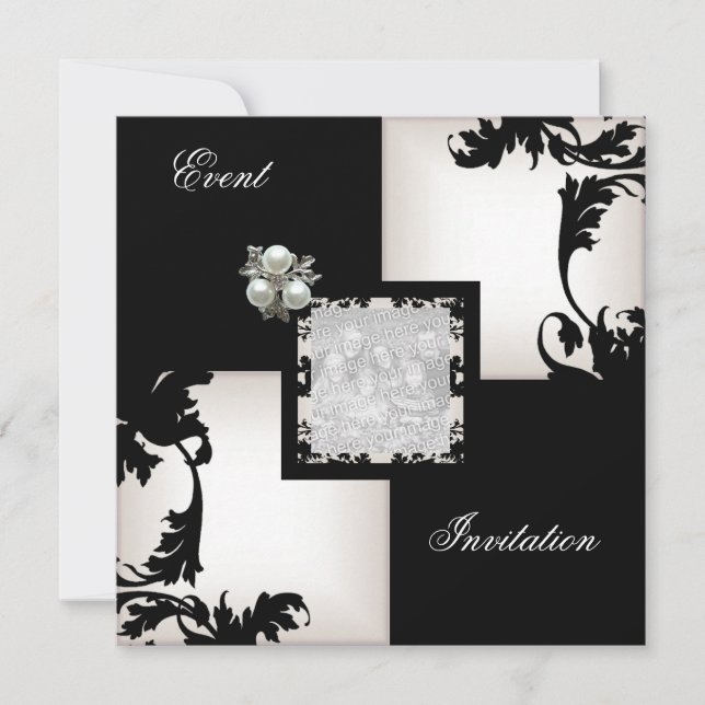 Invitación Elegante Black Floral Check Pearl Jewel (Anverso)