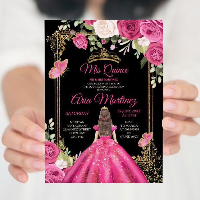 Invitación Elegante Black Fuchsia Pink Floral Mis Quince (Subido por el creador)