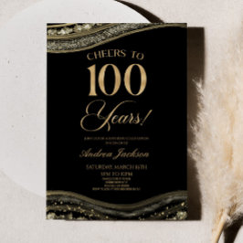 Invitación Elegante Black Gold Agate 100 cumpleaños