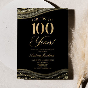 Invitación Elegante Black Gold Agate 100 cumpleaños