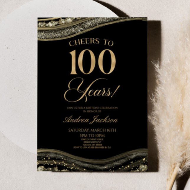Invitación Elegante Black Gold Agate 100 cumpleaños (Subido por el creador)