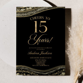Invitación Elegante Black Gold Agate 15th Birthday Party