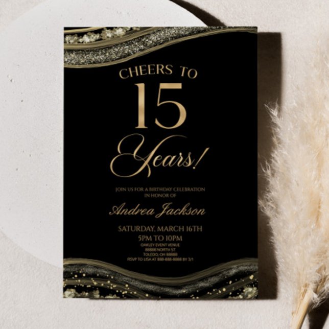 Invitación Elegante Black Gold Agate 15th Birthday Party (Subido por el creador)