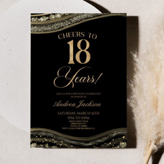 Invitación Elegante Black Gold Agate 18th Birthday Party (Subido por el creador)