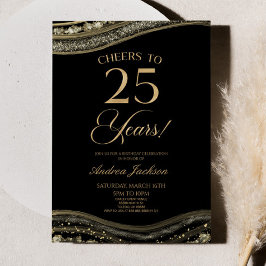 Invitación Elegante Black Gold Agate 25th Birthday Party