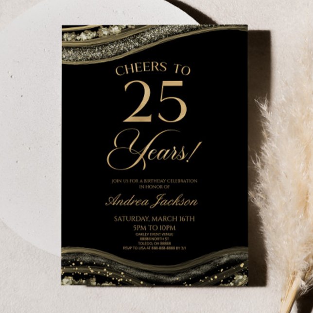Invitación Elegante Black Gold Agate 25th Birthday Party (Subido por el creador)
