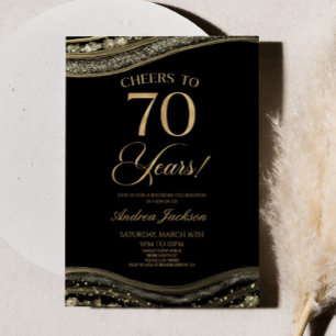 Invitación Elegante Black Gold Agate 70th Birthday Party