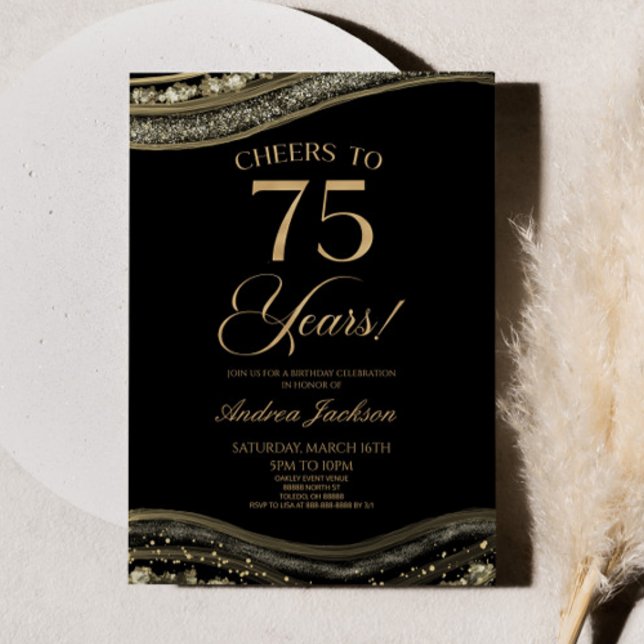 Invitación Elegante Black Gold Agate 75th Birthday Party (Subido por el creador)