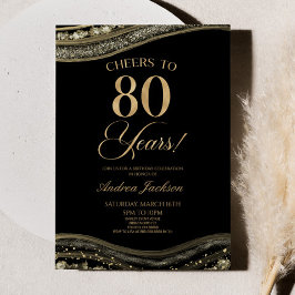 Invitación Elegante Black Gold Agate 80th Birthday Party