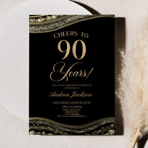 Invitación Elegante Black Gold Agate 90th Birthday Party