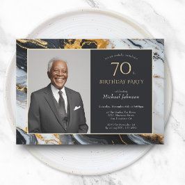 Invitación Elegante Black Gold Agate Foto 70 cumpleaños