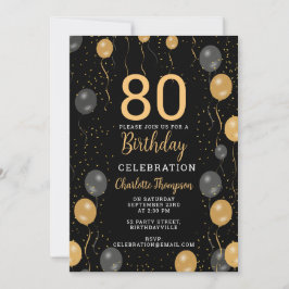 Invitación Elegante Black & Gold Balloons 80 cumpleaños