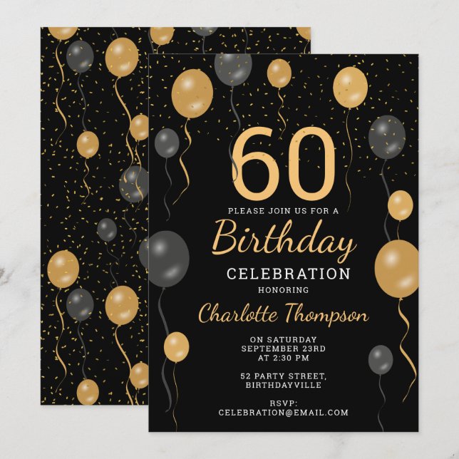 Invitación Elegante Black & Gold Balloons Fiesta de cumpleaño (Anverso / Reverso)