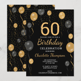Invitación Elegante Black & Gold Balloons Fiesta de cumpleaño