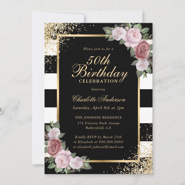 Invitación Elegante Black Gold Black Pink Floral 50 cumpleaño (Anverso)