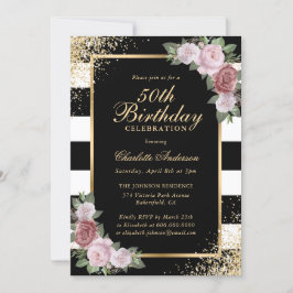 Invitación Elegante Black Gold Black Pink Floral 50 cumpleaño