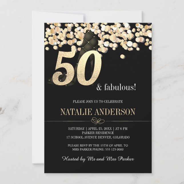 Invitación Elegante Black Gold Confetti 50 cumpleaños (Anverso)