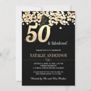 Invitación Elegante Black Gold Confetti 50 cumpleaños