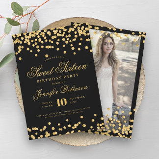 Invitación Elegante Black Gold Confetti Photo Sweet 16