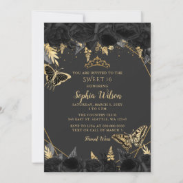 Invitación Elegante Black Gold Floral Mariposa dulce 16