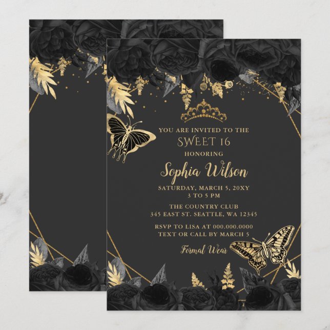 Invitación Elegante Black Gold Floral Mariposa dulce 16 (Anverso / Reverso)