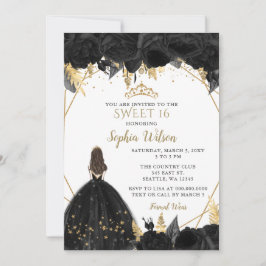 Invitación Elegante Black Gold Floral Princess SWEET 16