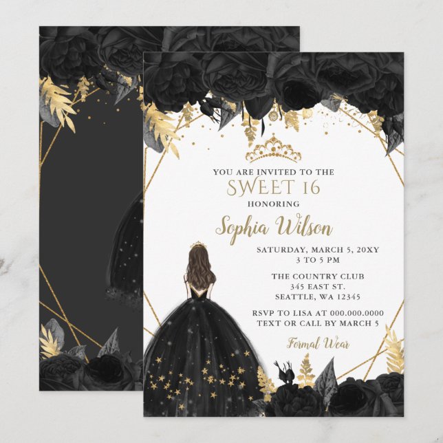 Invitación Elegante Black Gold Floral Princess SWEET 16 (Anverso / Reverso)