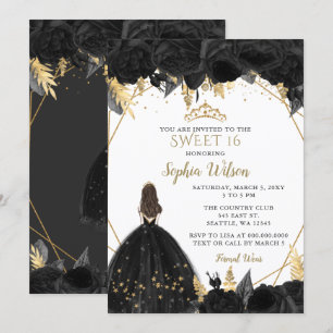 Invitación Elegante Black Gold Floral Princess SWEET 16