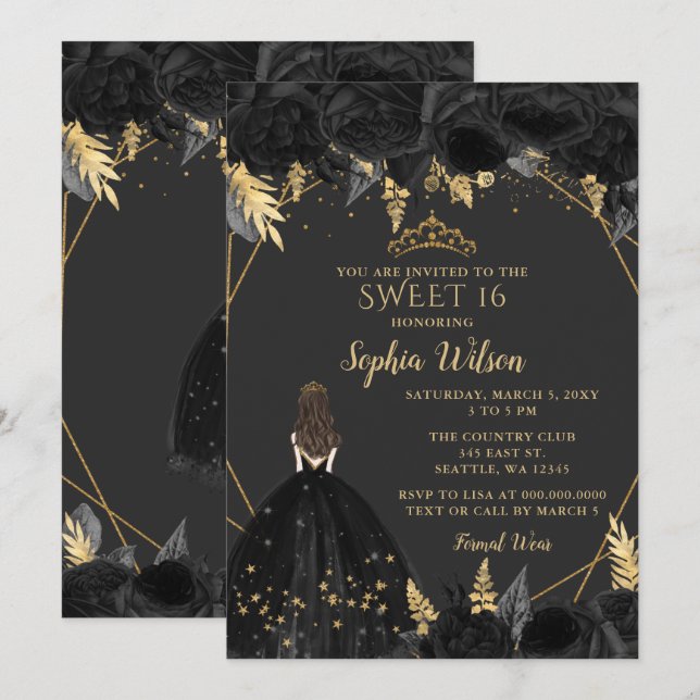 Invitación Elegante Black Gold Floral Princess SWEET 16 (Anverso / Reverso)