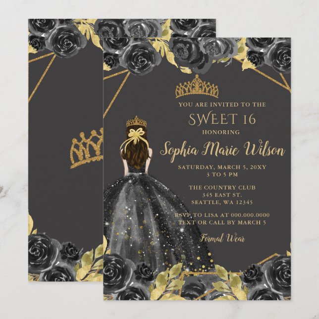 Invitación Elegante Black Gold Floral Princess SWEET 16 (Anverso / Reverso)