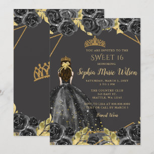 Invitación Elegante Black Gold Floral Princess SWEET 16
