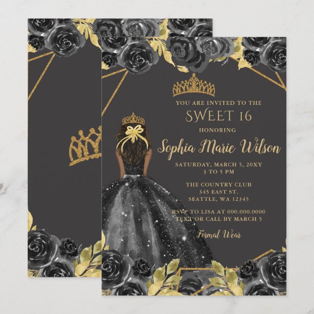 Invitación Elegante Black Gold Floral Princess SWEET 16 (Anverso / Reverso)