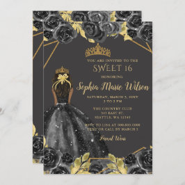 Invitación Elegante Black Gold Floral Princess SWEET 16