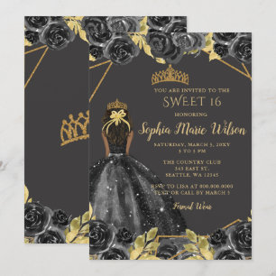 Invitación Elegante Black Gold Floral Princess SWEET 16