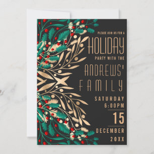 Invitación Elegante Black Gold Holly Berry deja vacaciones
