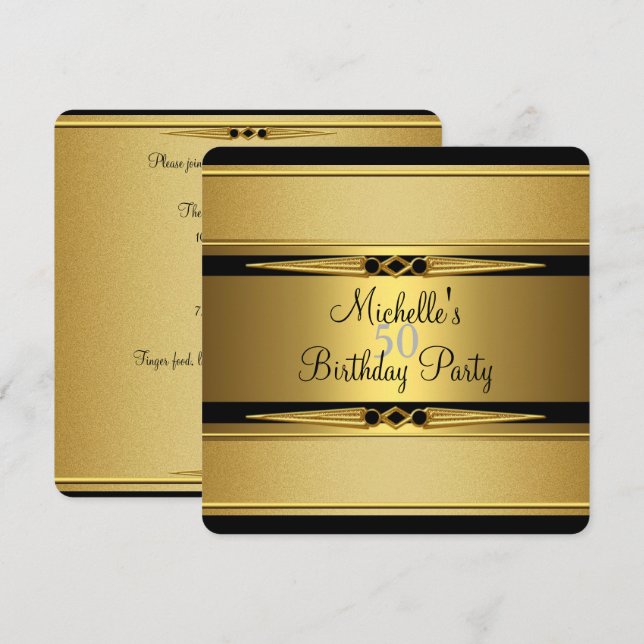 Invitación Elegante Black Gold Metalizado look 50 cumpleaños (Anverso / Reverso)