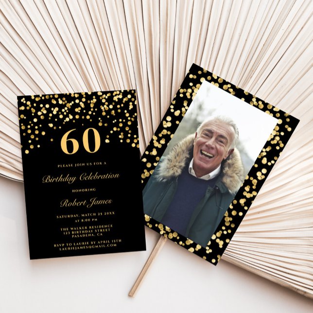 Invitación Elegante Black Gold Photo 60th Birthday Party (Subido por el creador)