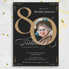 Invitación Elegante Black Gold Photo 80th Birthday Party
